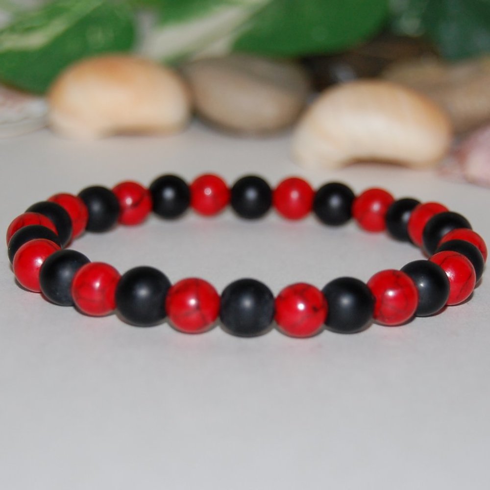 Onyx Bracelet,Onyx and Red Howlite 8mm Beads,Good Luck Bracelet,Black and Red